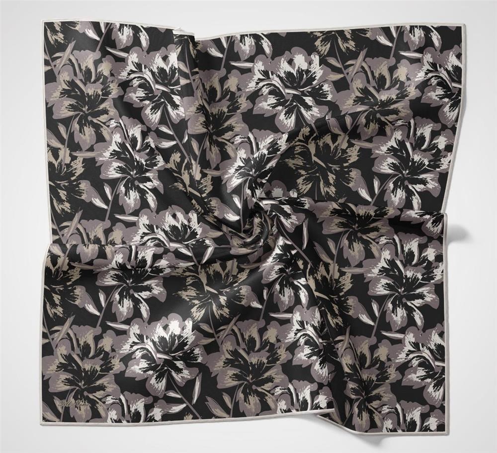 Pamuk Polyester Eşarp Siyah Büyük Papatya Desenli Soft Dokulu Kaymaz 90x90