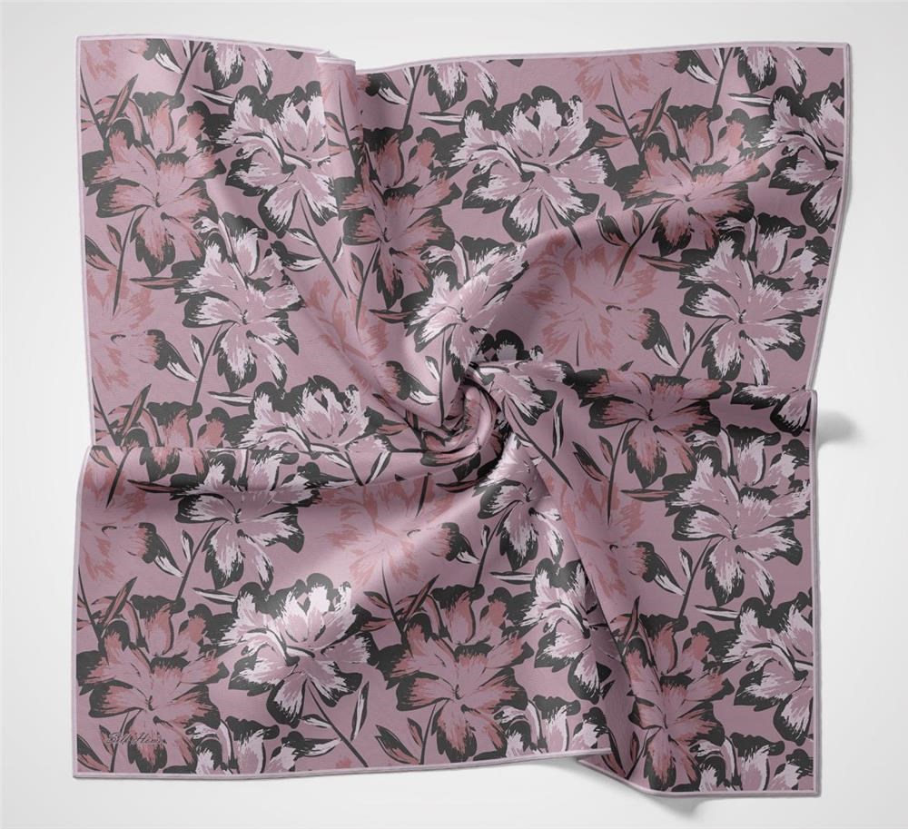 Pamuk Polyester Eşarp Toz Pembe Büyük Papatya Desenli Soft Dokulu Kaymaz 90x90