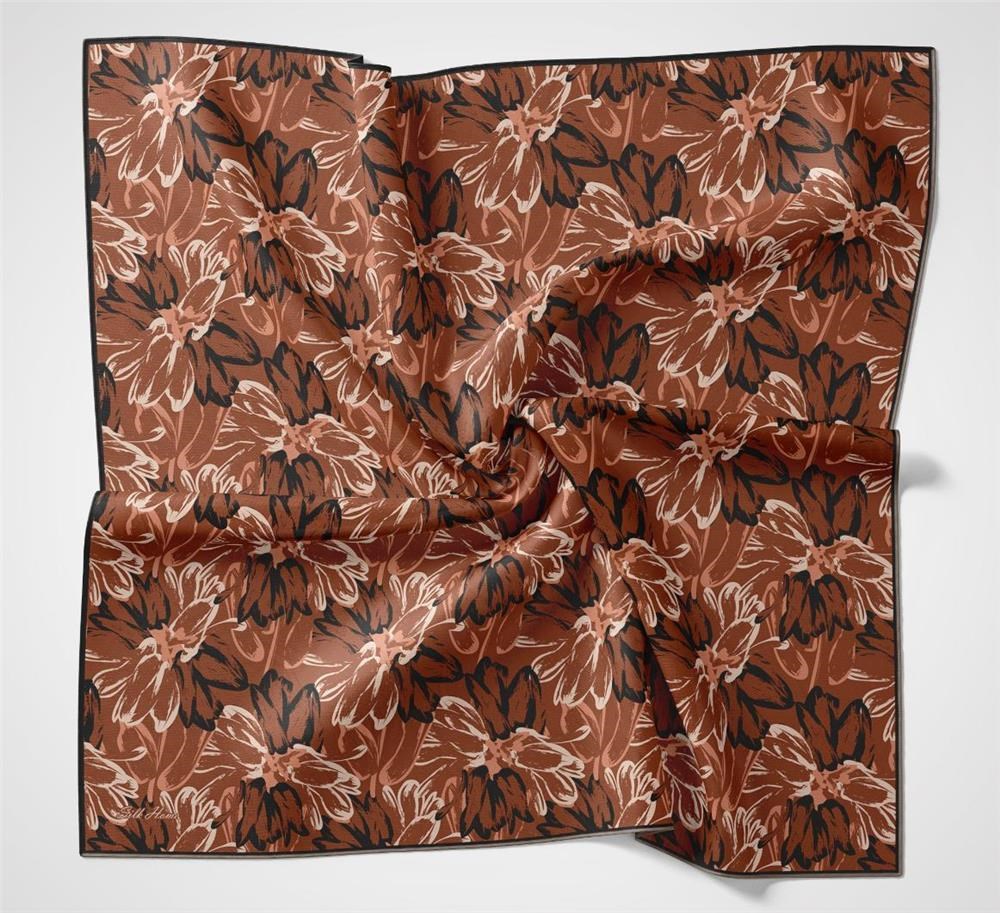 Pamuk Polyester Eşarp Turuncu-Siyah Yavruağzı Ekru Botanik Desenli Soft Dokulu Tok Duruşlu 90x90