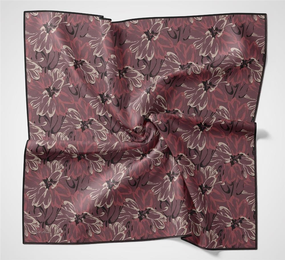 Pamuk Polyester Eşarp Vişne-Krem Siyah Narçiçeği Botanik Desenli Soft Dokulu Tok Duruşlu 90x90