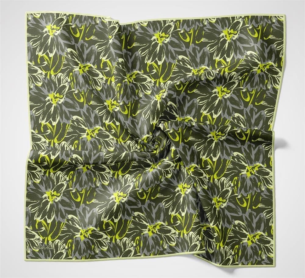 Pamuk Polyester Eşarp Yeşil-Fosfor Sarı Gri Krem Botanik Desenli Soft Dokulu Tok Duruşlu 90x90