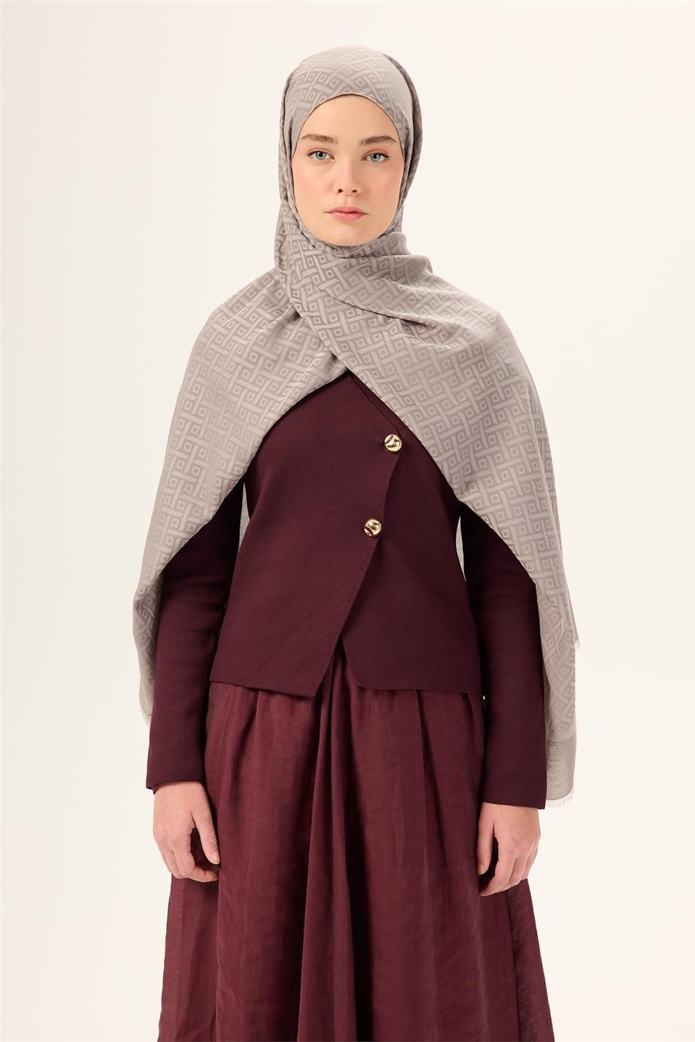 Pamuk Polyester Liva Şal Açık Gri Desenli Dokulu Nefes Alan 90x200