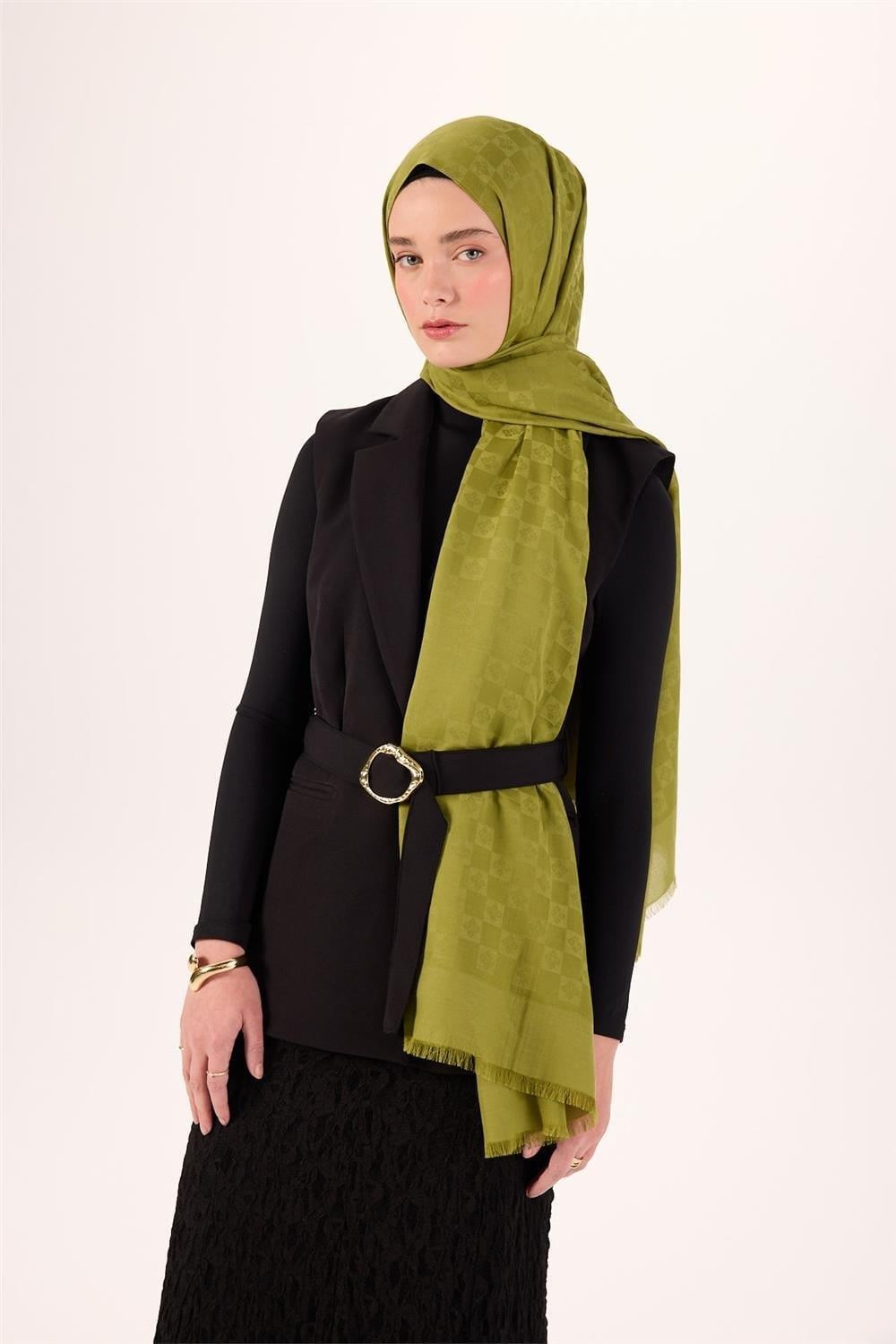 Pamuk Polyester Liva Şal Açık Yeşil Dokulu Nefes Alan 90x200