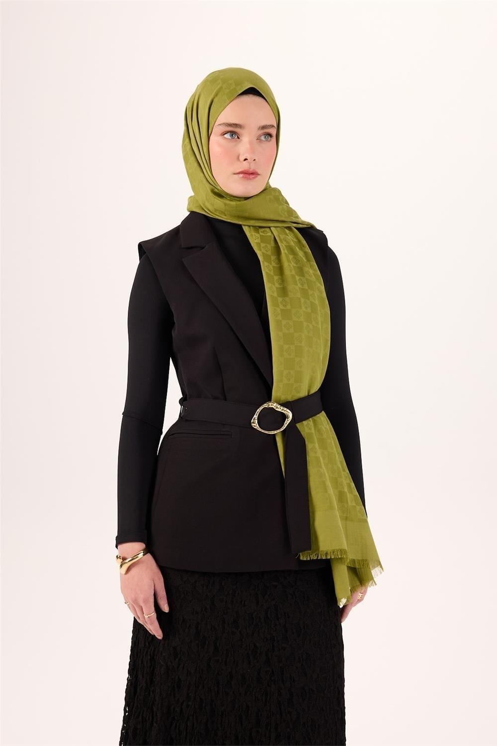 Pamuk Polyester Liva Şal Açık Yeşil Dokulu Nefes Alan 90x200