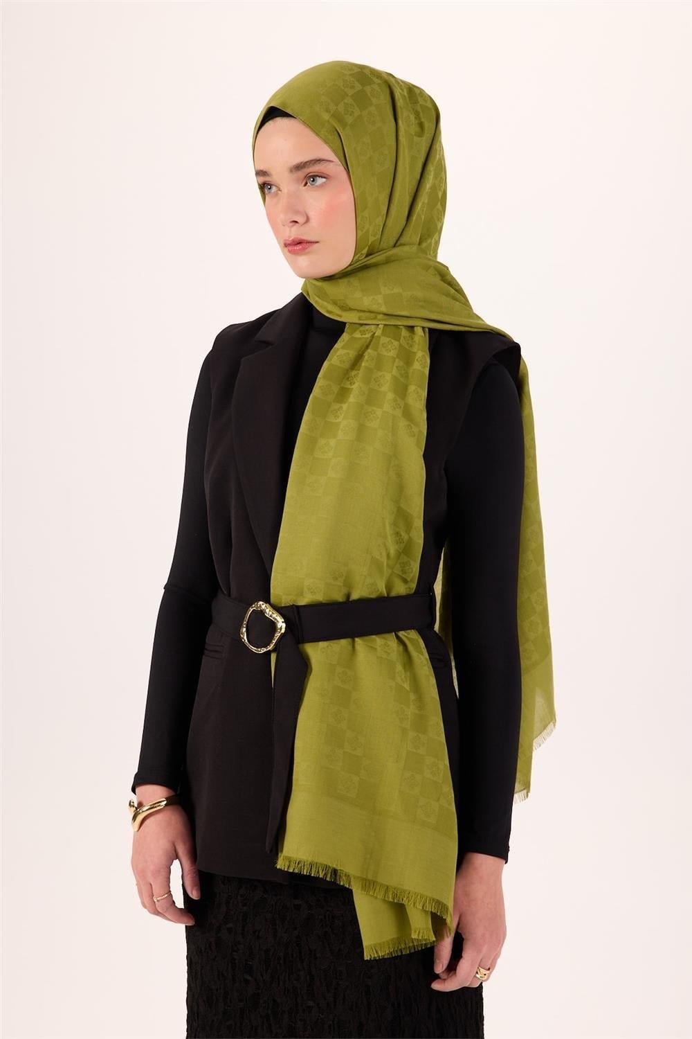 Pamuk Polyester Liva Şal Açık Yeşil Dokulu Nefes Alan 90x200
