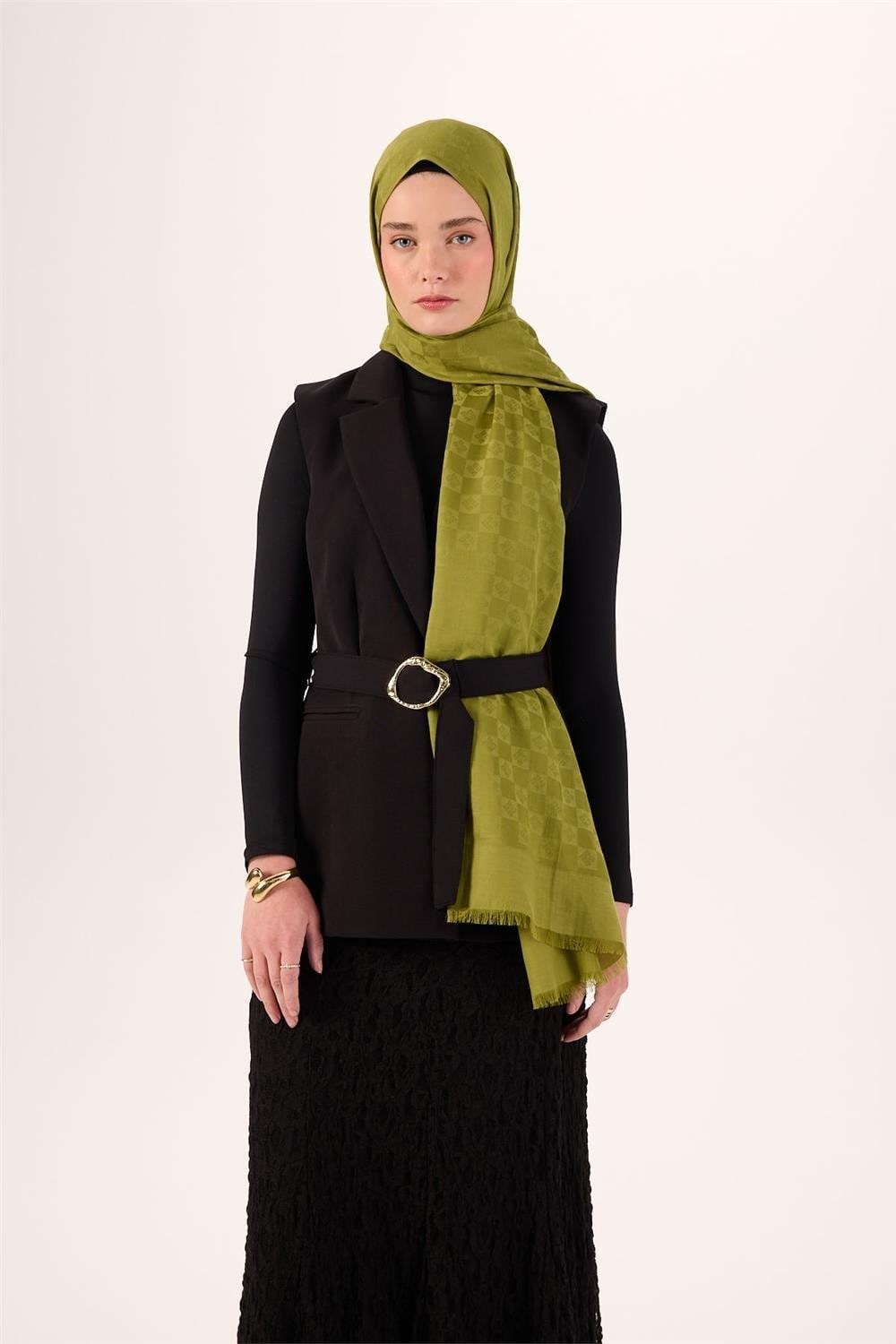 Pamuk Polyester Liva Şal Açık Yeşil Dokulu Nefes Alan 90x200