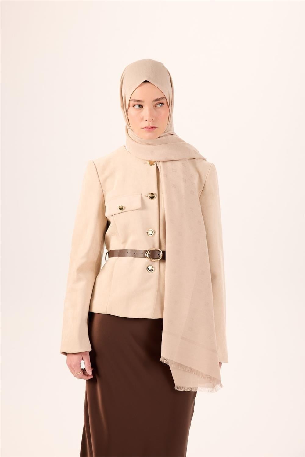 Pamuk Polyester Liva Şal Bej Düz Dokulu Tok Duruşlu 90x200