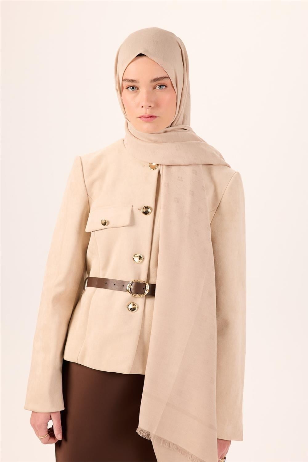 Pamuk Polyester Liva Şal Bej Düz Dokulu Tok Duruşlu 90x200