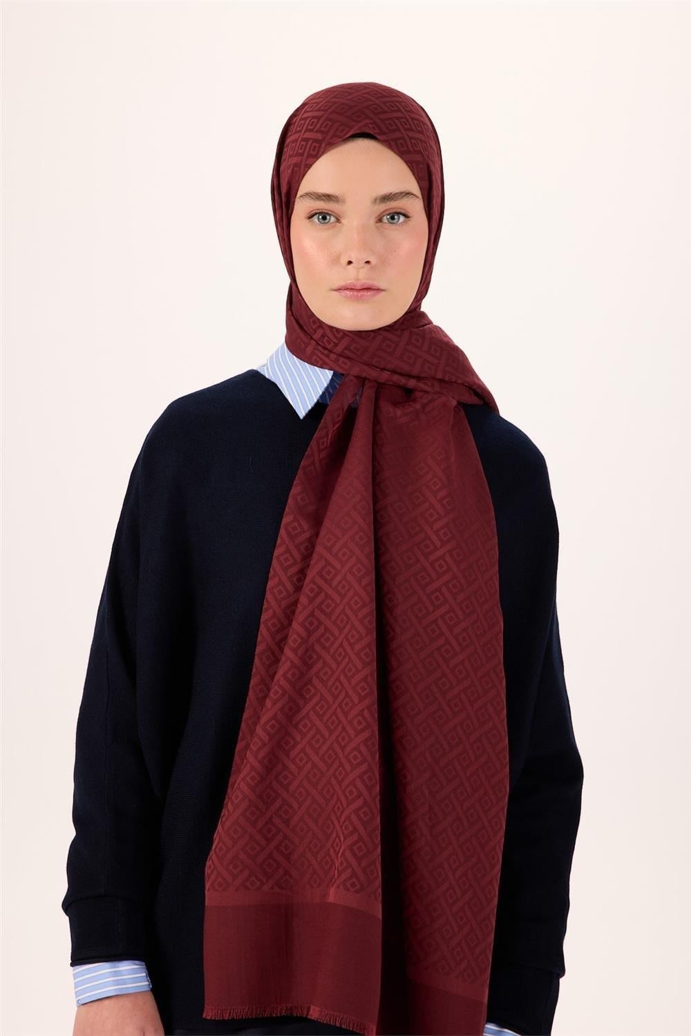 Pamuk Polyester Liva Şal Bordo Desenli Tok Duruşlu 90x200