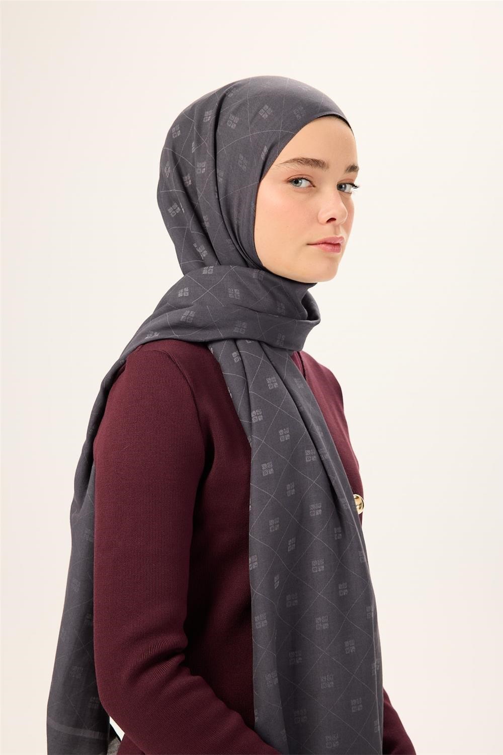 Pamuk Polyester Liva Şal Gri Desenli Tok Duruşlu 90x200