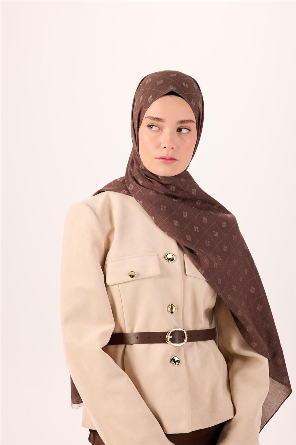 Pamuk Polyester Liva Şal Kahverengi Vizon Desenli Tok Duruşlu 90x200
