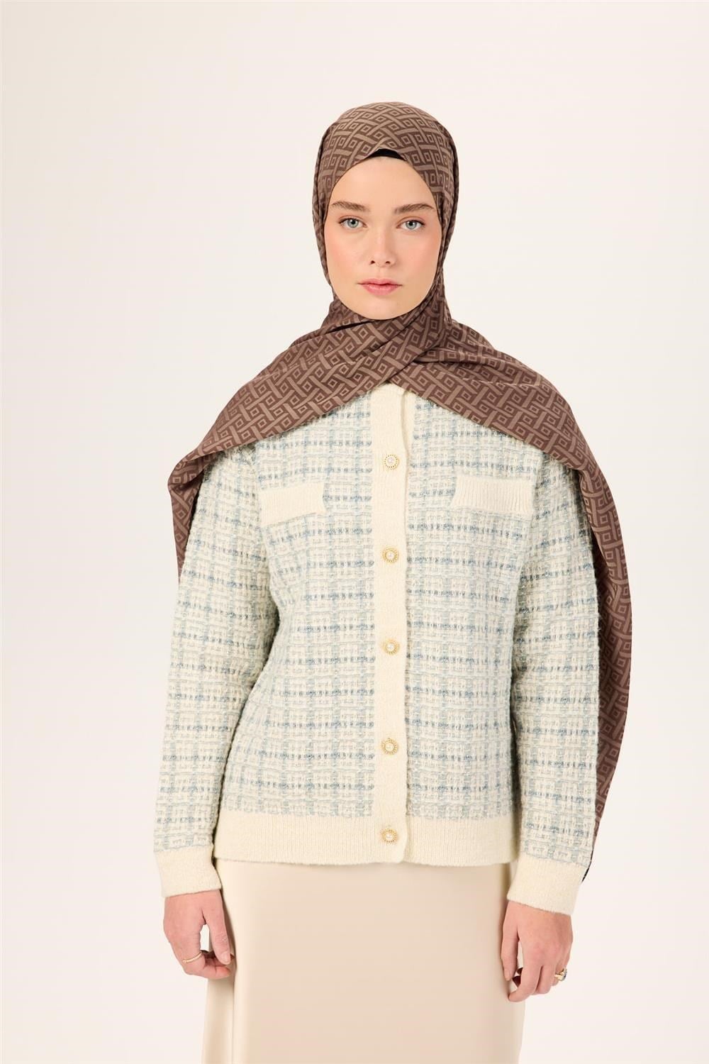 Pamuk Polyester Liva Şal Kahverengi-Vizon Desenli Dokulu Nefes Alan 90x200