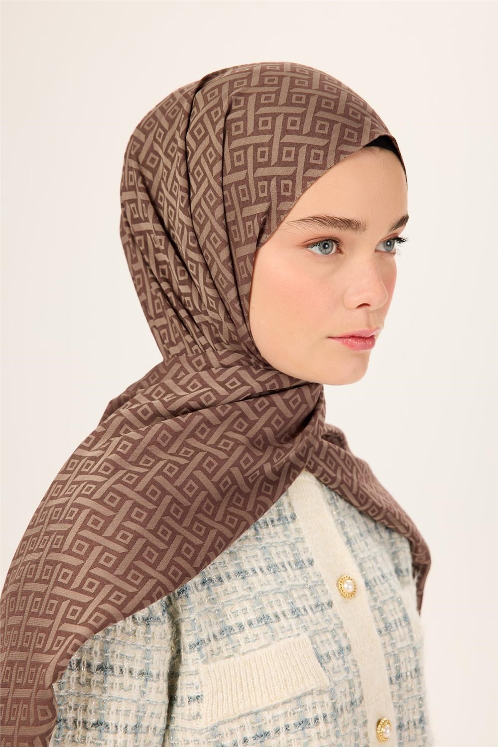 Pamuk Polyester Liva Şal Kahverengi-Vizon Desenli Dokulu Nefes Alan 90x200