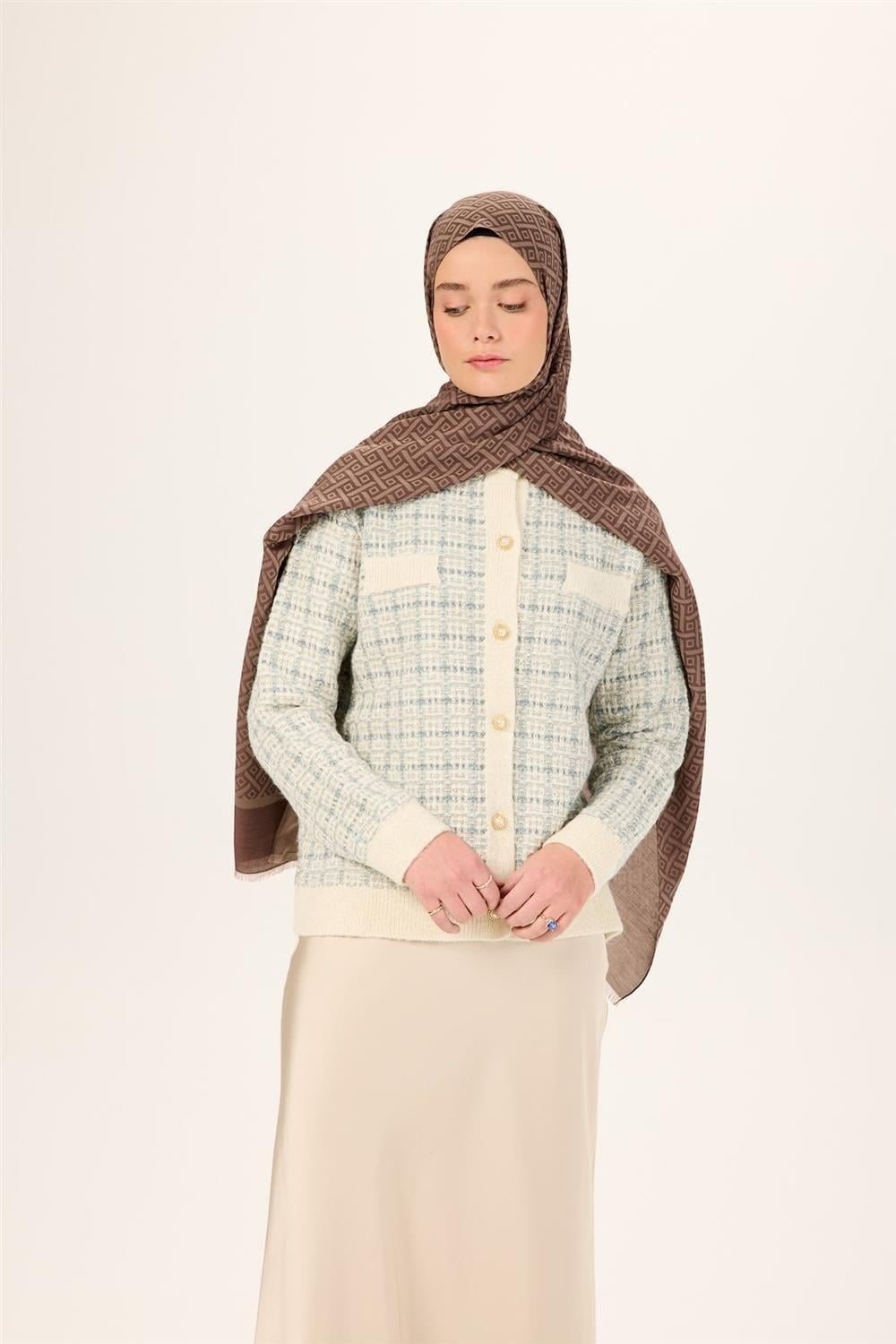 Pamuk Polyester Liva Şal Kahverengi-Vizon Desenli Dokulu Nefes Alan 90x200