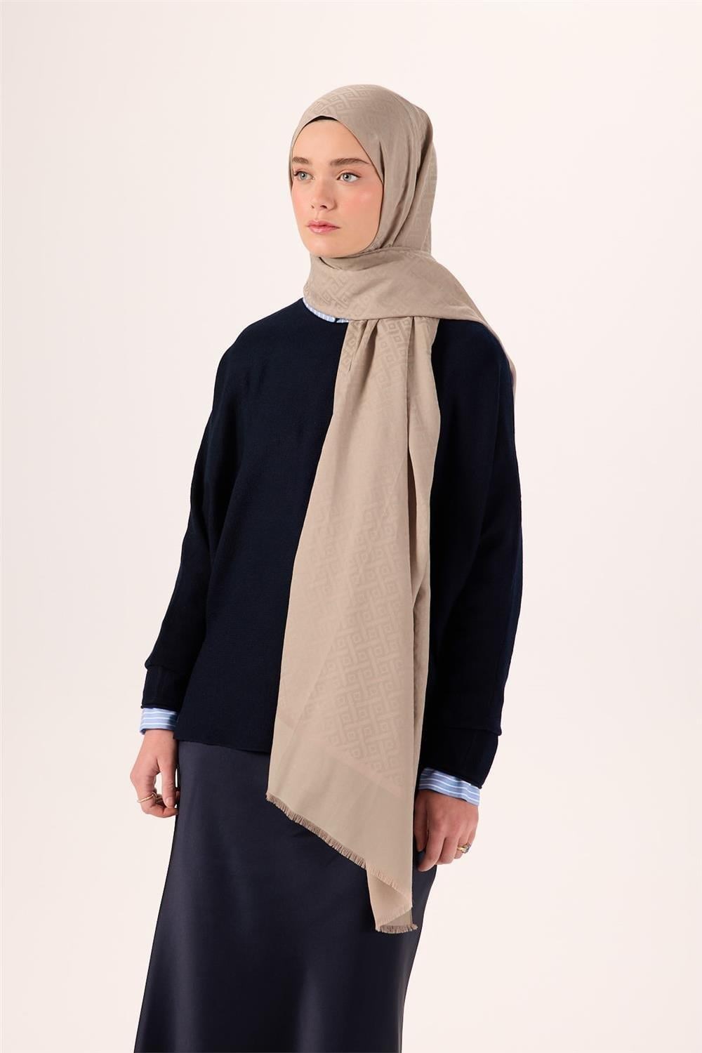 Pamuk Polyester Liva Şal Koyu Bej Dokulu Nefes Alan Doğal Yapılı 90x200