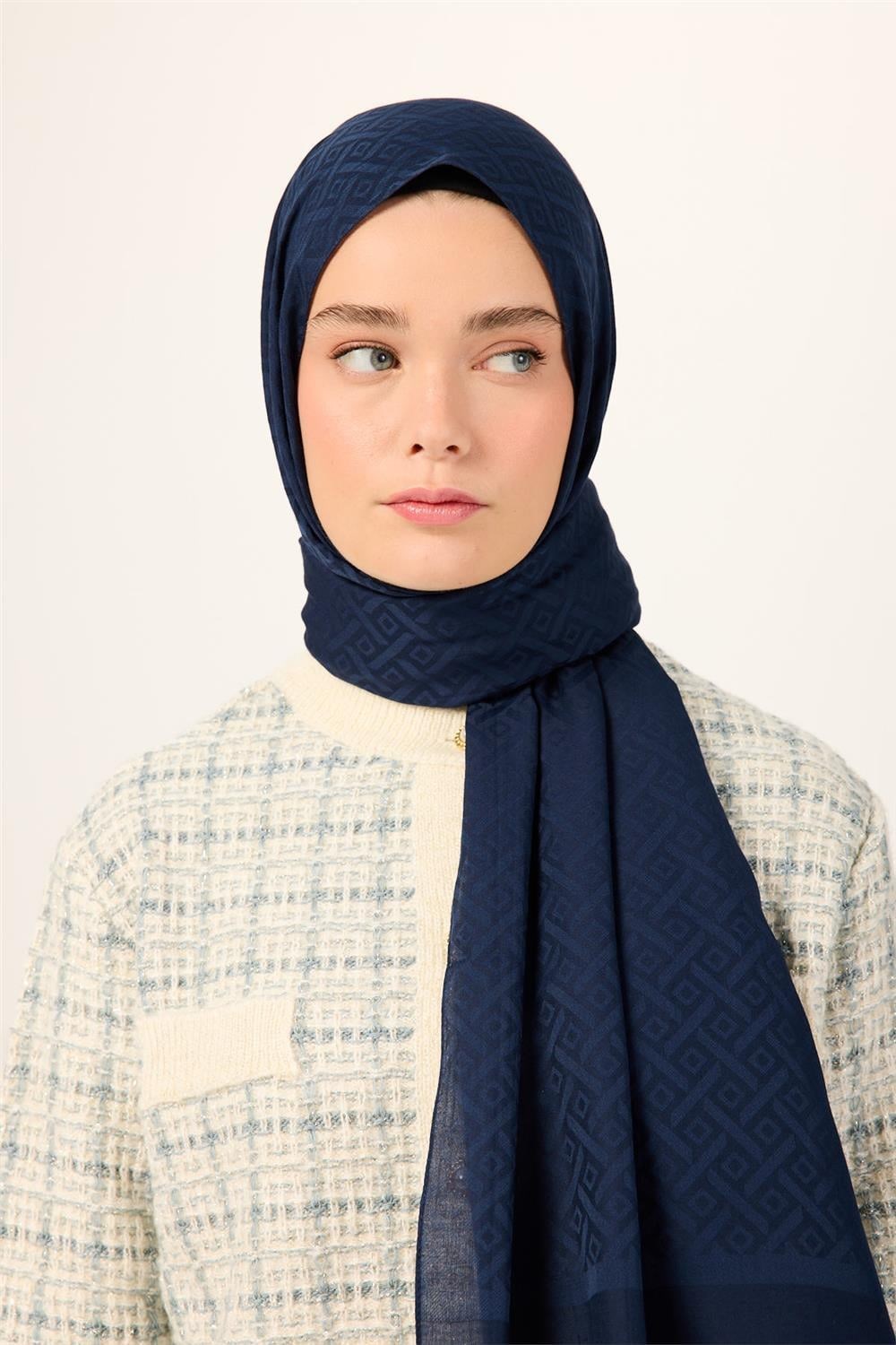 Pamuk Polyester Liva Şal Lacivert Düz Tok Duruşlu 90x200