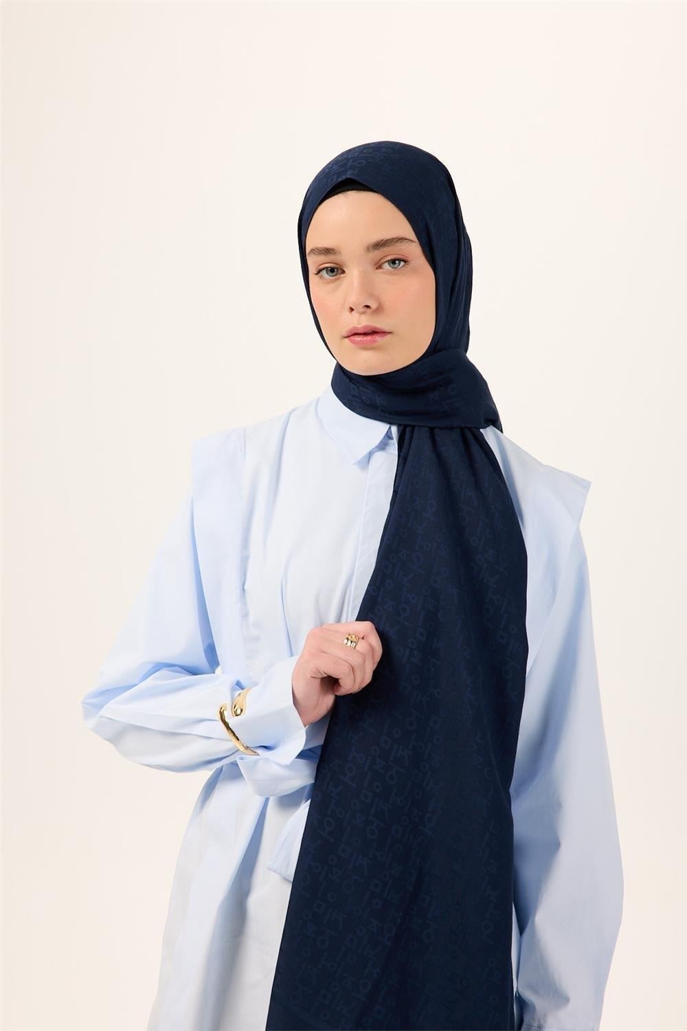 Pamuk Polyester Liva Şal Lacivert Nefes Alan Dokulu 90x200