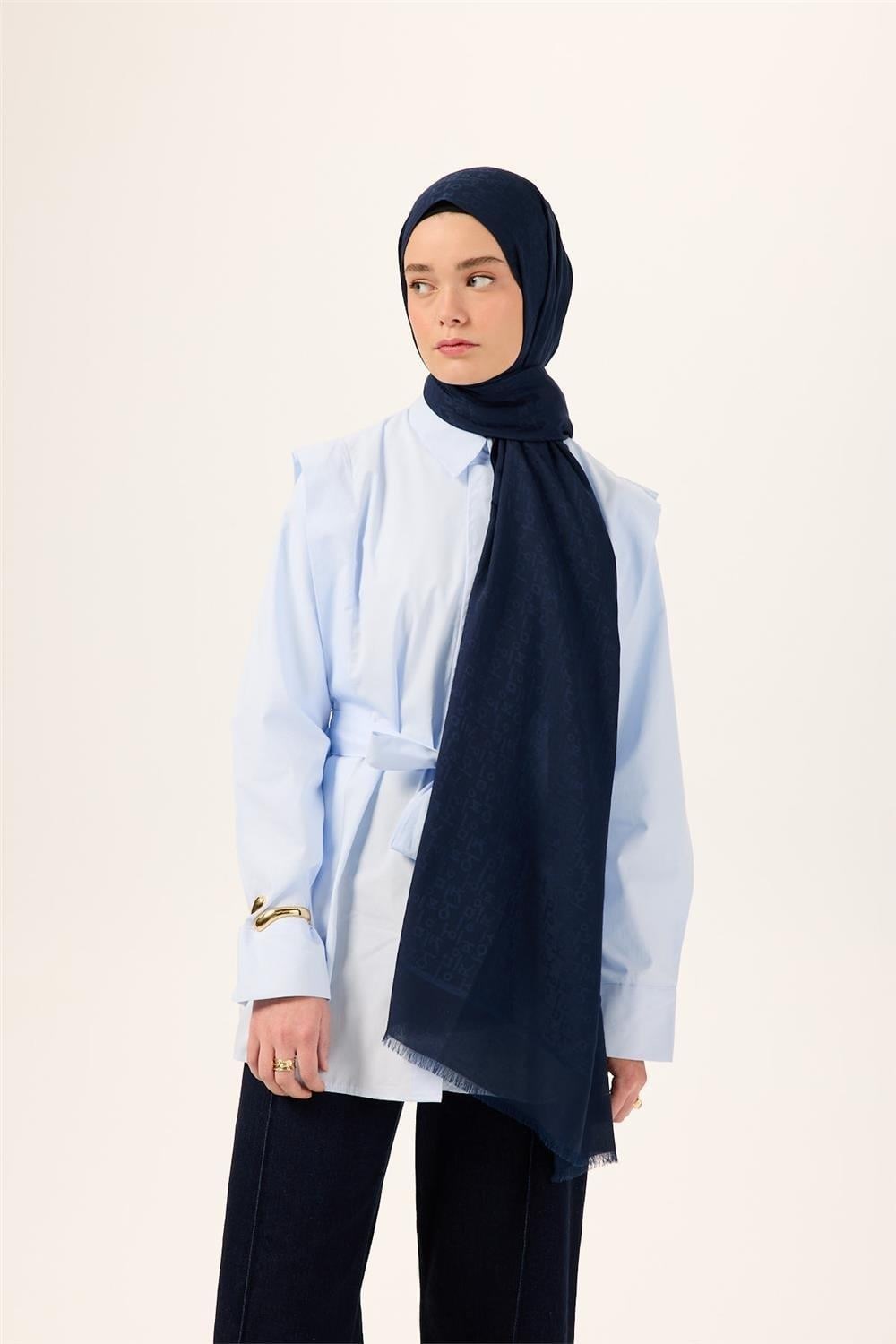 Pamuk Polyester Liva Şal Lacivert Nefes Alan Dokulu 90x200