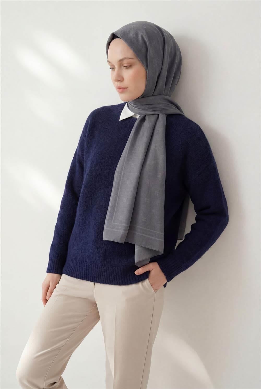 Pamuk Polyester Liva Şal Mavi Gri Nefes Alan Dokulu 90x200