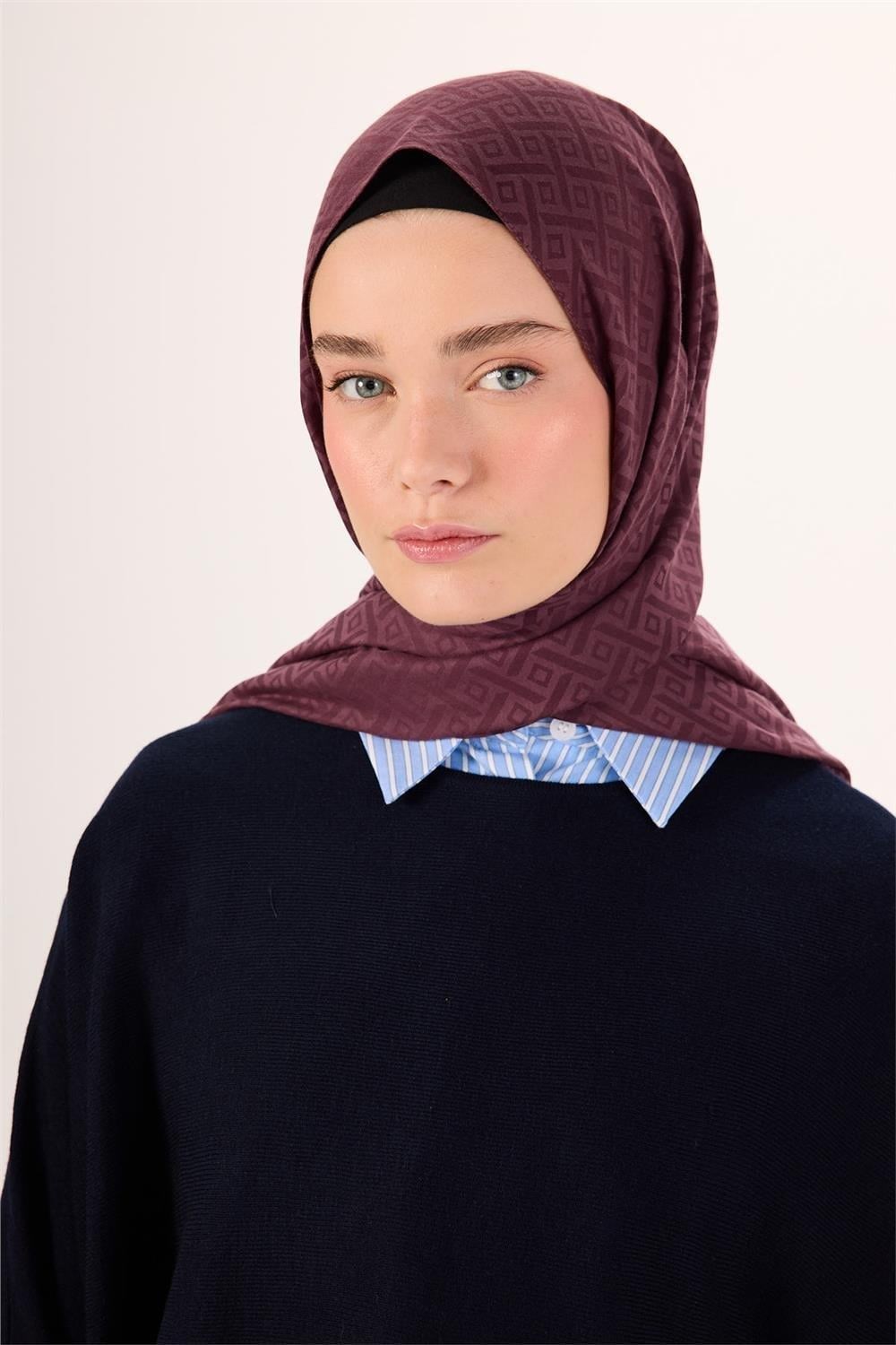 Pamuk Polyester Liva Şal Mürdüm Desenli Tok Duruşlu 90x200
