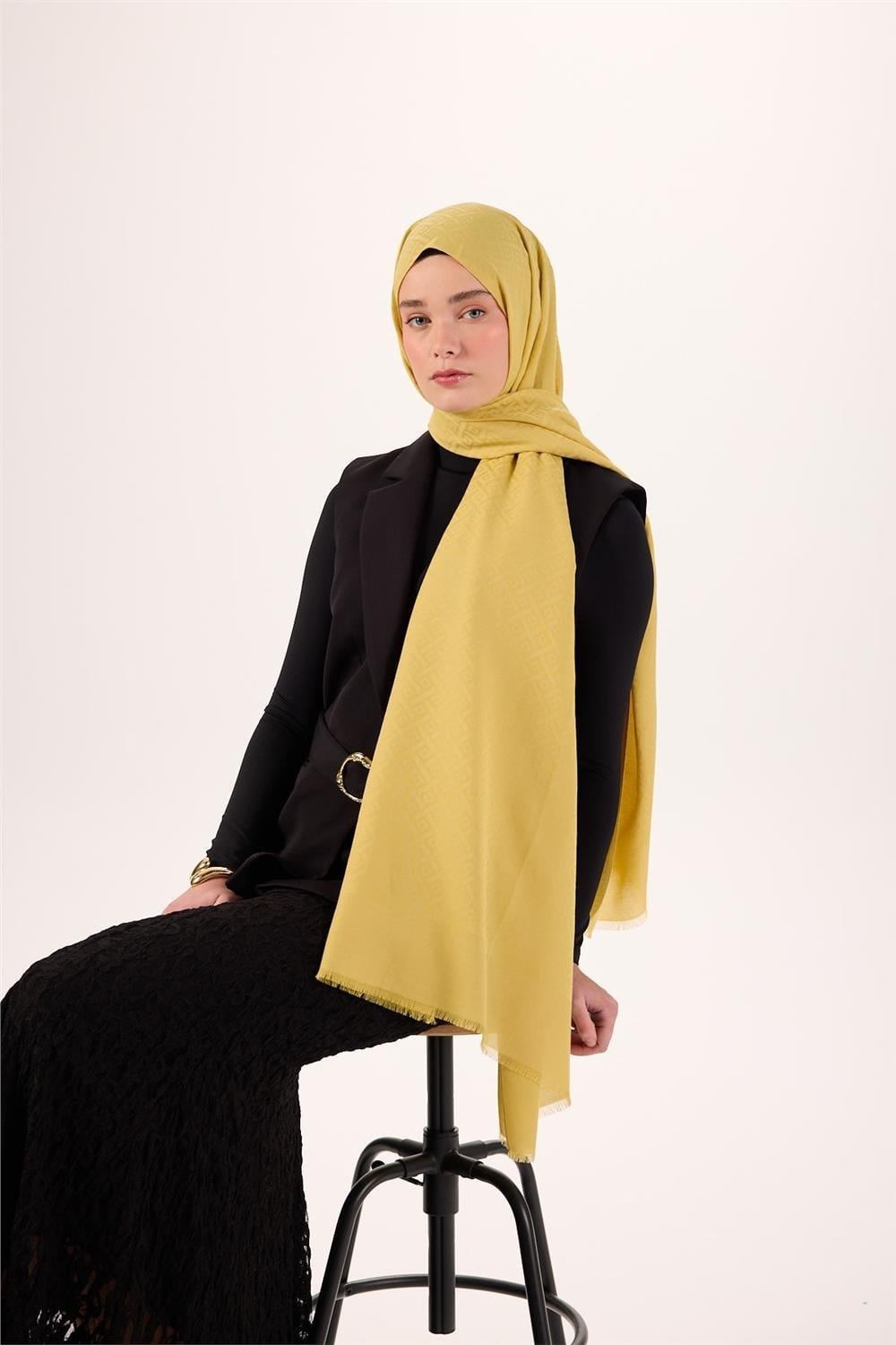 Pamuk Polyester Liva Şal Sarı Düz Tok Duruşlu 90x200