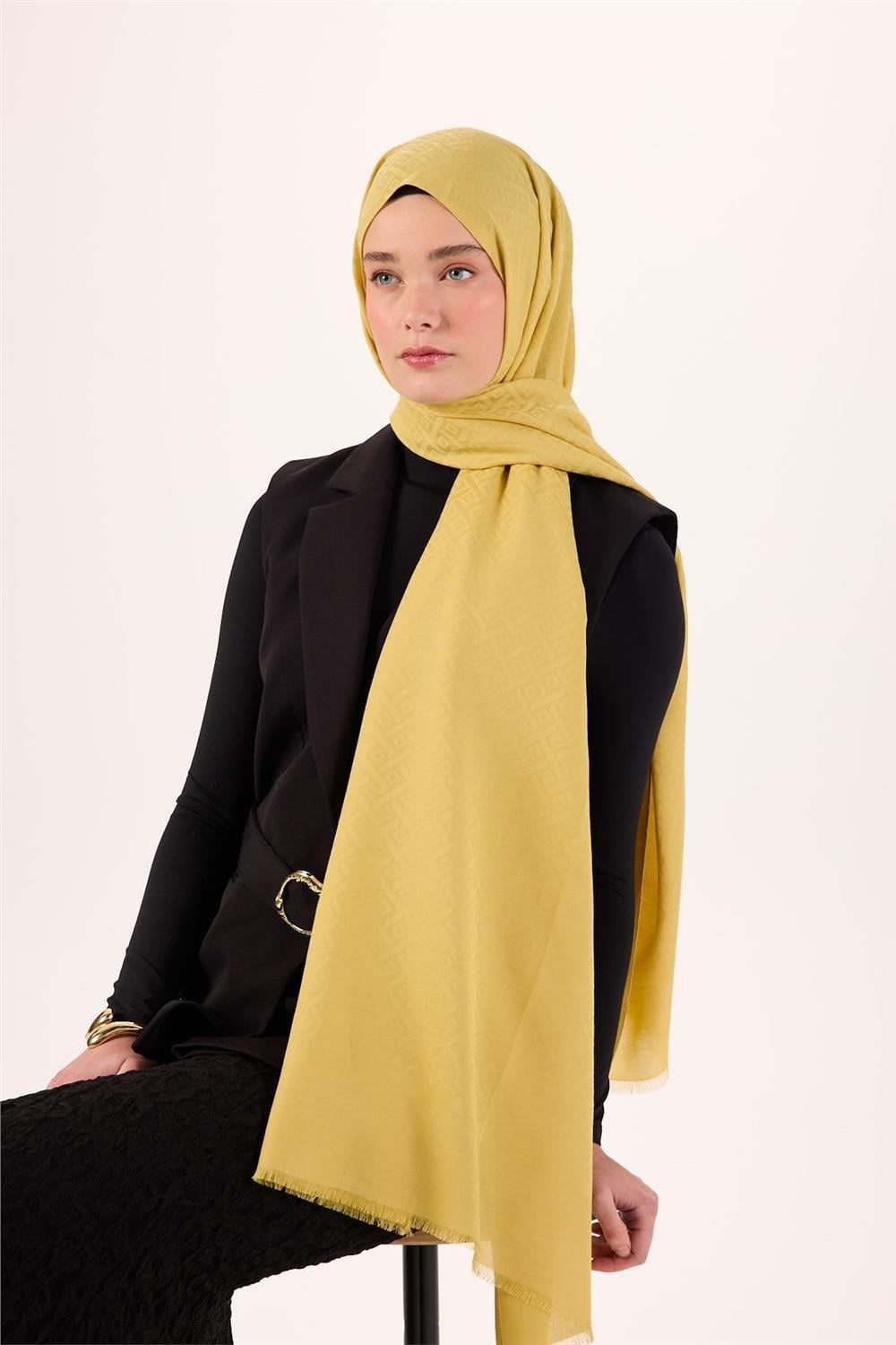 Pamuk Polyester Liva Şal Sarı Düz Tok Duruşlu 90x200