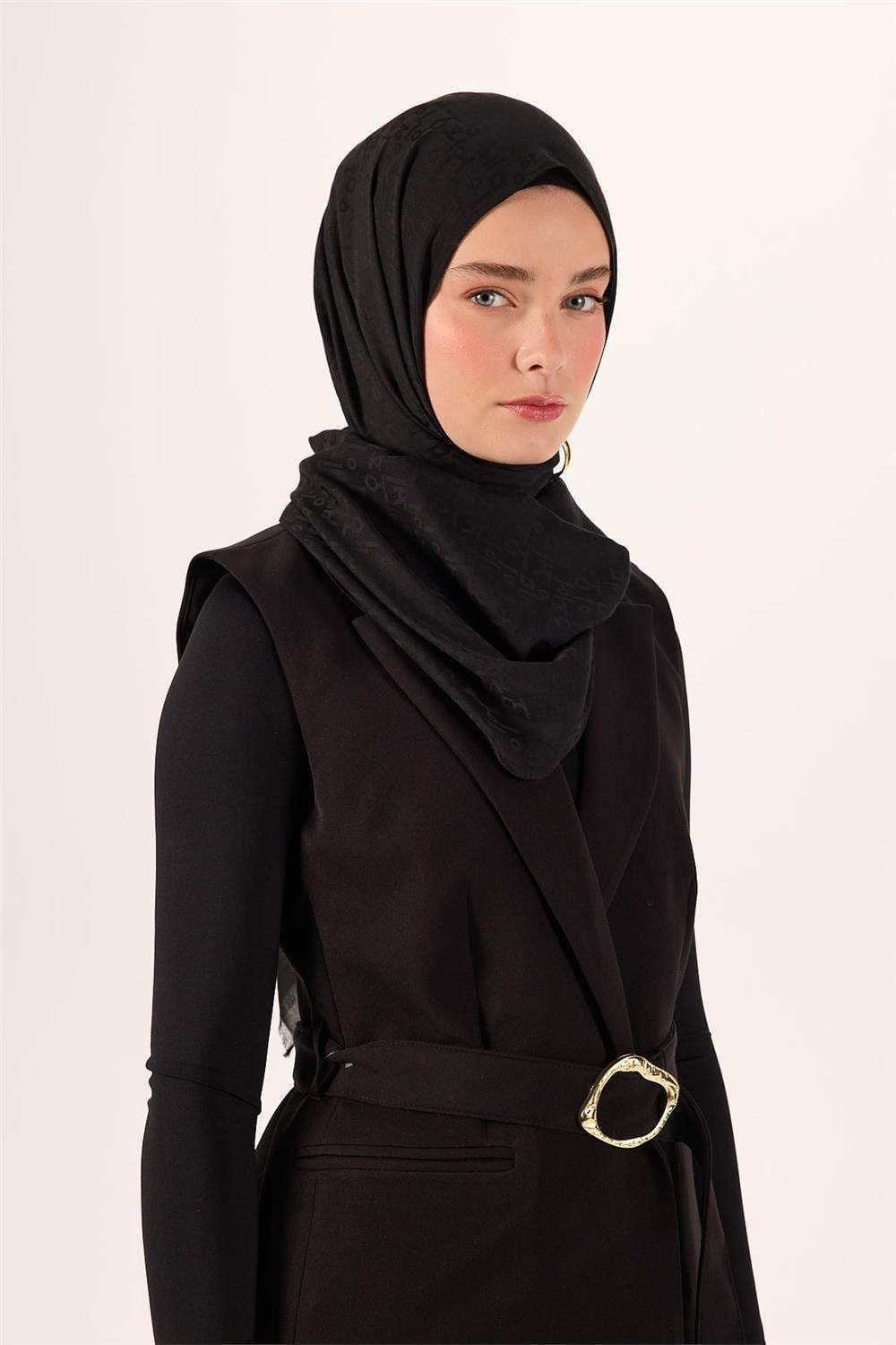 Pamuk Polyester Liva Şal Siyah Dokulu Nefes Alan 90x200