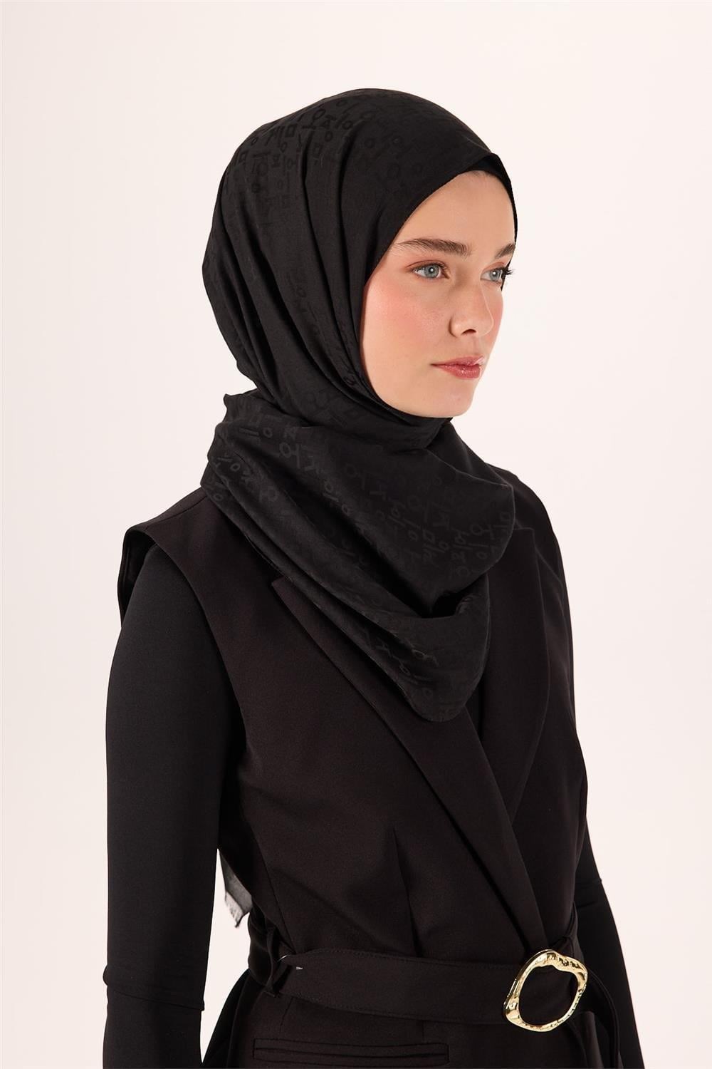 Pamuk Polyester Liva Şal Siyah Dokulu Nefes Alan 90x200