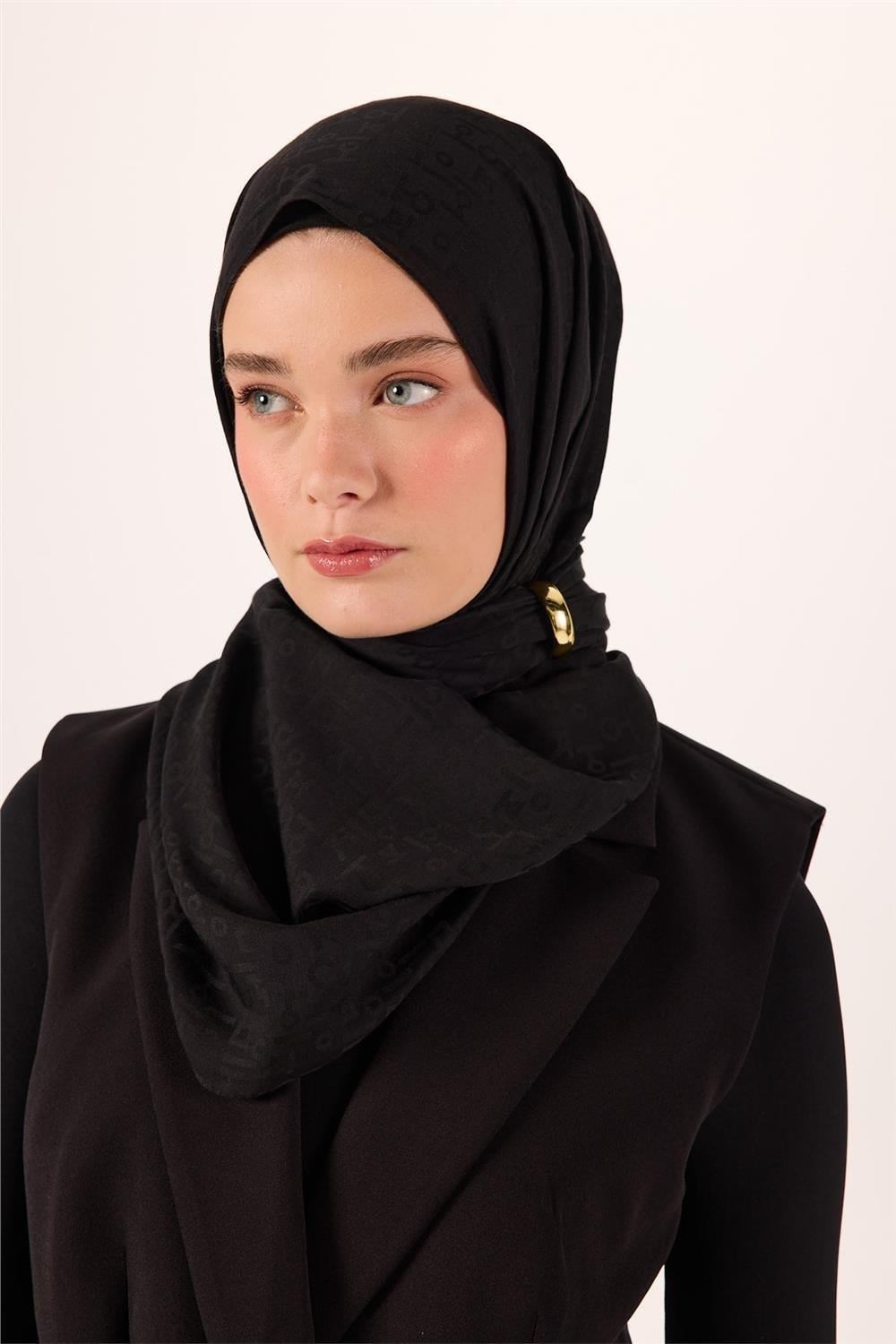 Pamuk Polyester Liva Şal Siyah Dokulu Nefes Alan 90x200