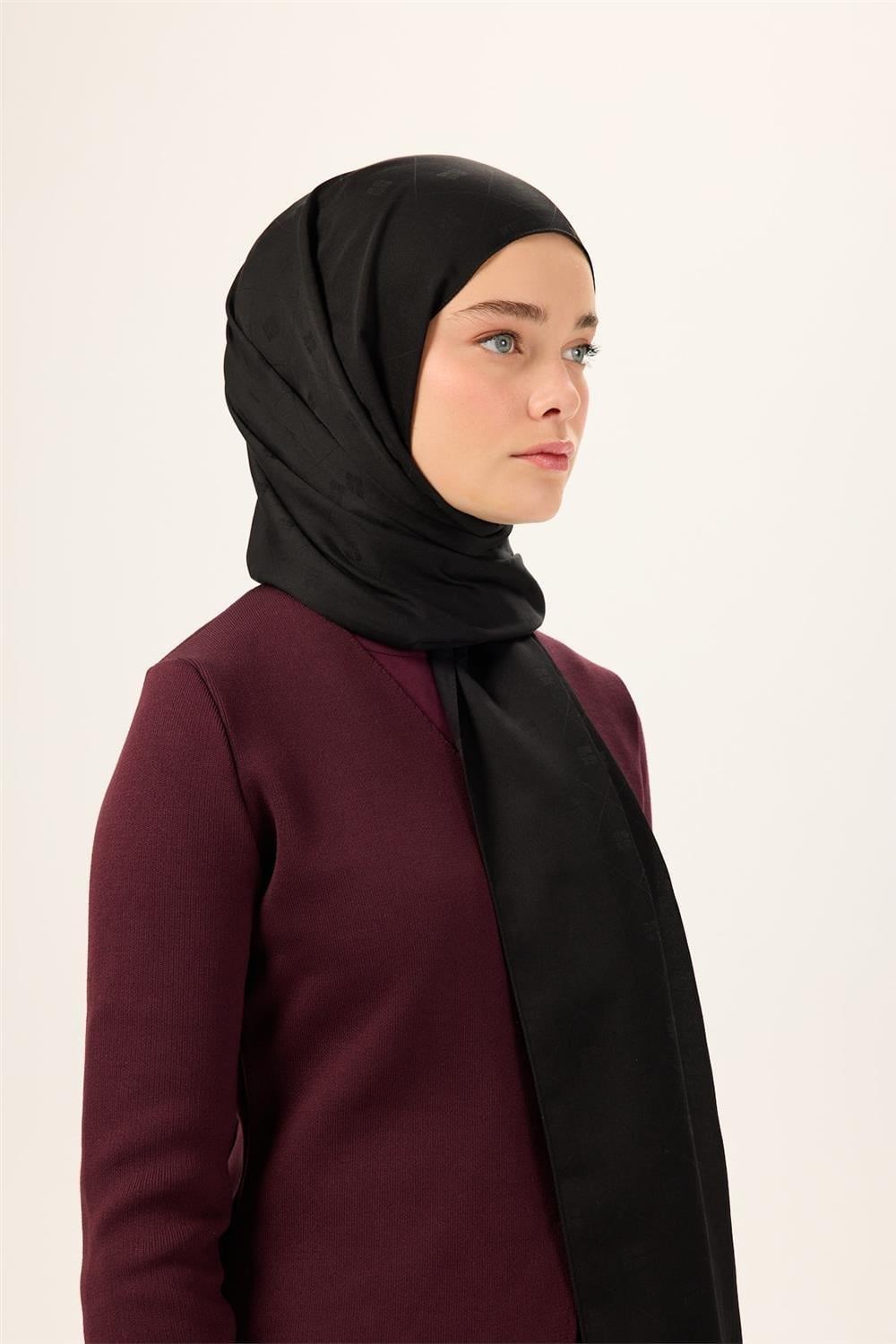 Pamuk Polyester Liva Şal Siyah Düz Dokulu Tok Duruşlu 90x200