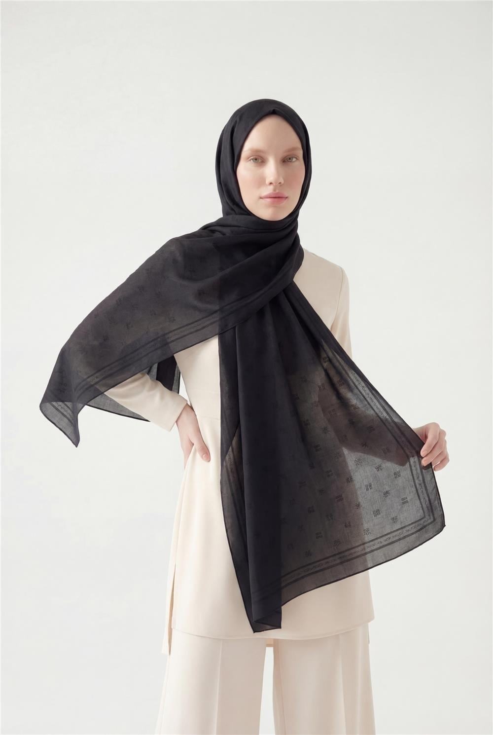 Pamuk Polyester Liva Şal Siyah Nefes Alan Dokulu 90x200
