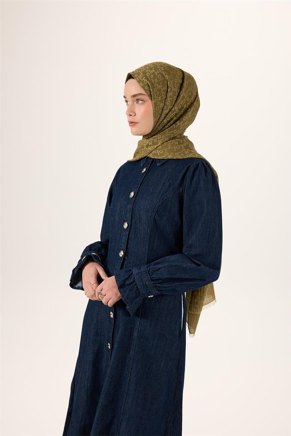 Pamuk Polyester Liva Şal Zeytin Yeşili Kaymaz Tok Duruşlu 90x200