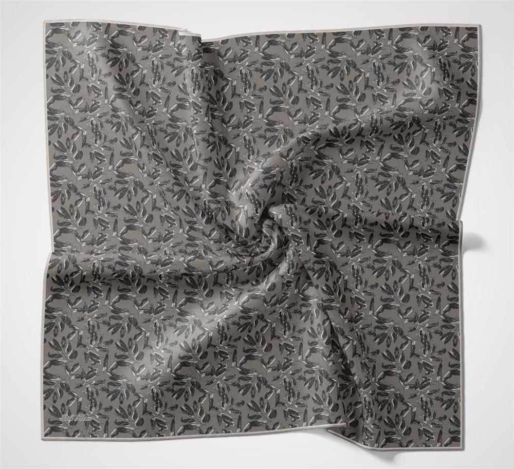 Pamuk Polyester Soft Eşarp Açık Gri Çiçek Desenli Kaymaz Dokulu 90x90