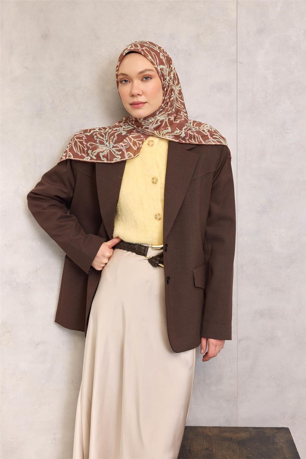 Pamuk Polyester Soft Eşarp Açık Kahverengi Lilium Desenli Kaymaz Dokulu 90x90