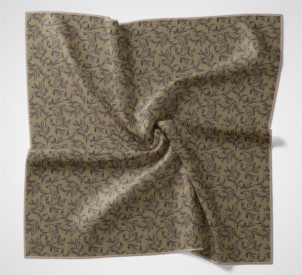 Pamuk Polyester Soft Eşarp Asker Yeşili Çiçek Desenli Kaymaz Dokulu 90x90