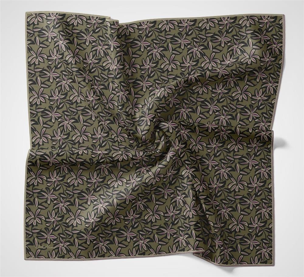 Pamuk Polyester Soft Eşarp Asker Yeşili Flora Desenli Kaymaz Dokulu 90x90
