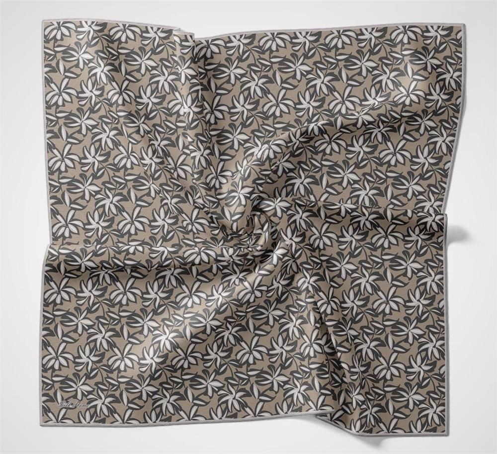 Pamuk Polyester Soft Eşarp Bej Flora Desenli Kaymaz Dokulu 90x90