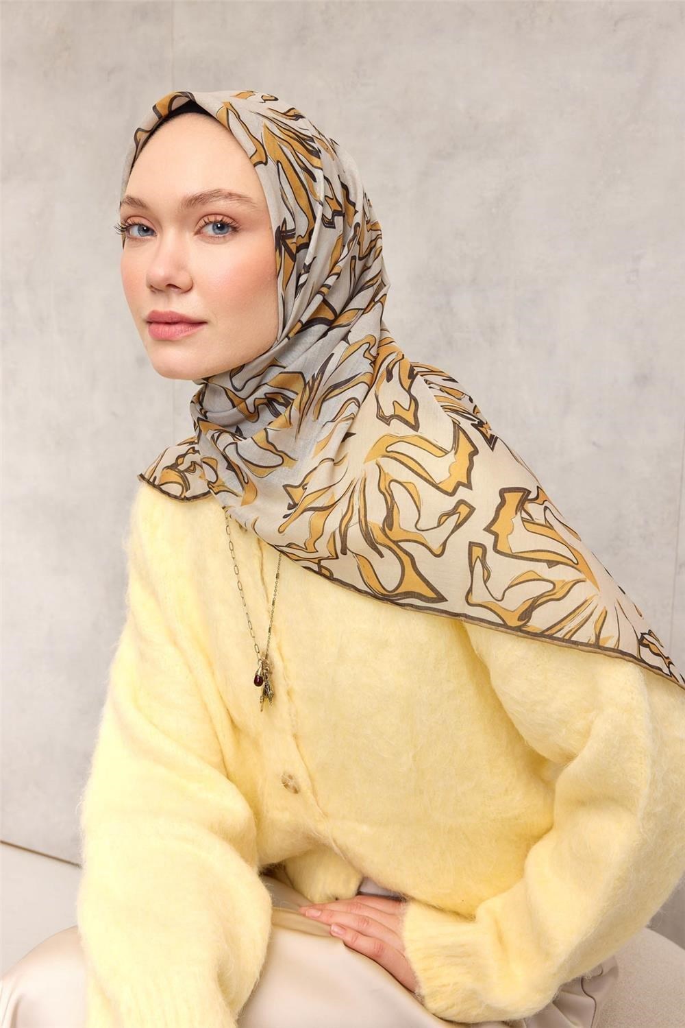 Pamuk Polyester Soft Eşarp Bej Soyut Desenli Tok Duruşlu 90x90
