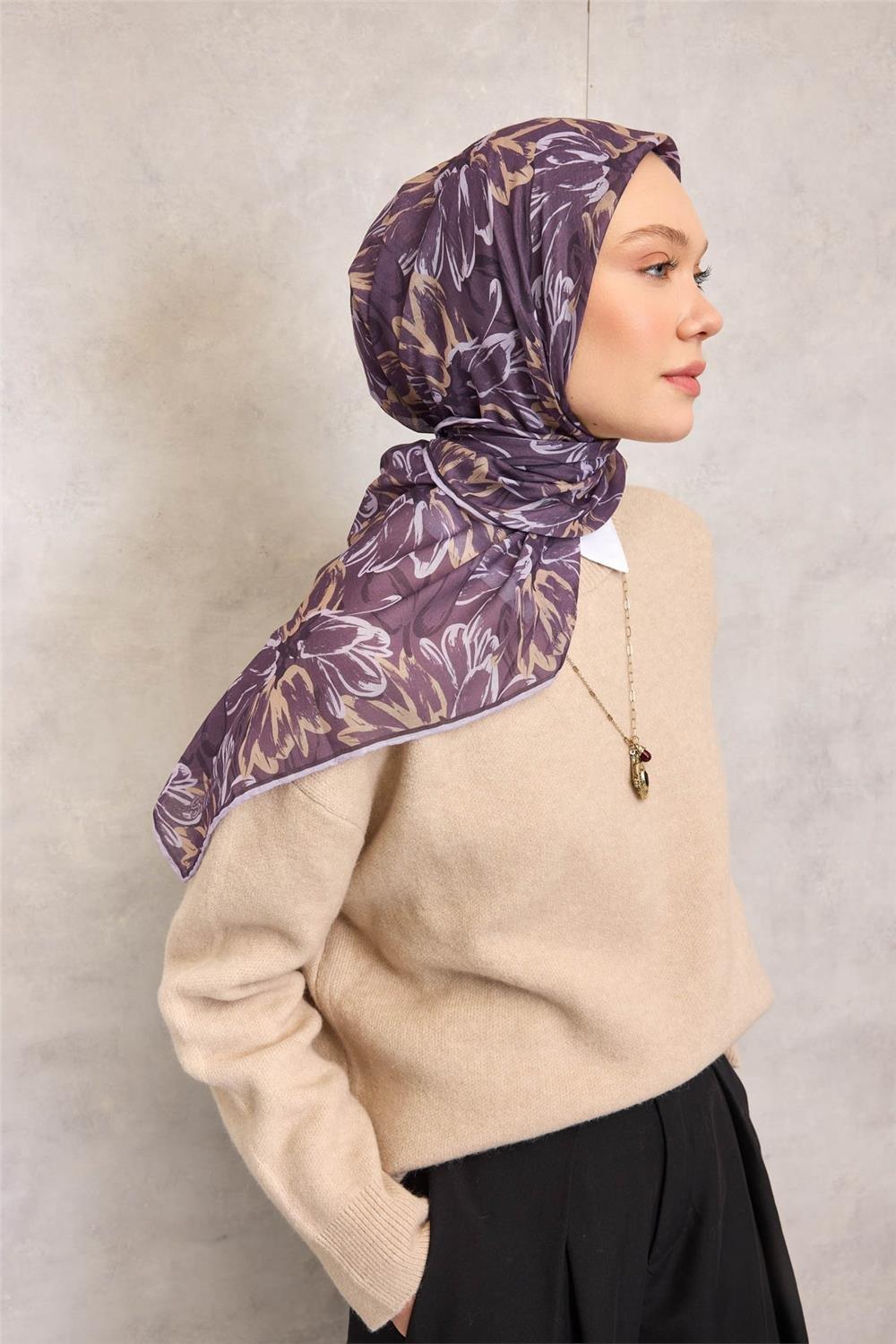 Pamuk Polyester Soft Eşarp Botanik Desen Mor 90*90