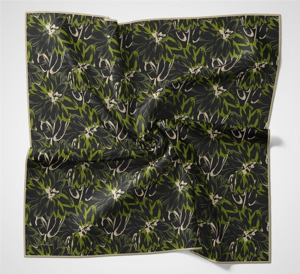 Pamuk Polyester Soft Eşarp Botanik Desen Siyah 90*90