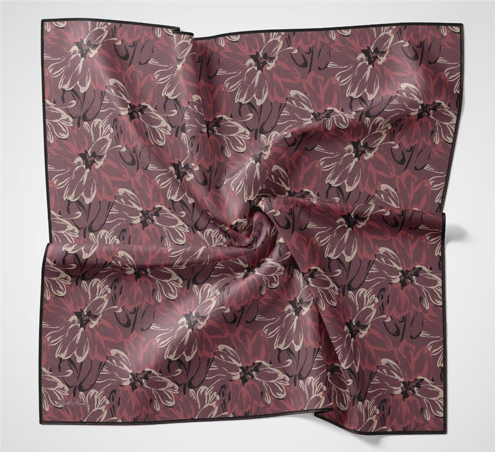 Pamuk Polyester Soft Eşarp Botanik Desen Vişne 90*90