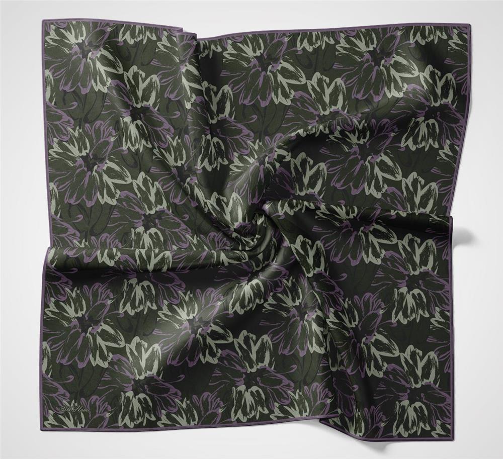 Pamuk Polyester Soft Eşarp Botanik Desen Kına Yeşili 90*90
