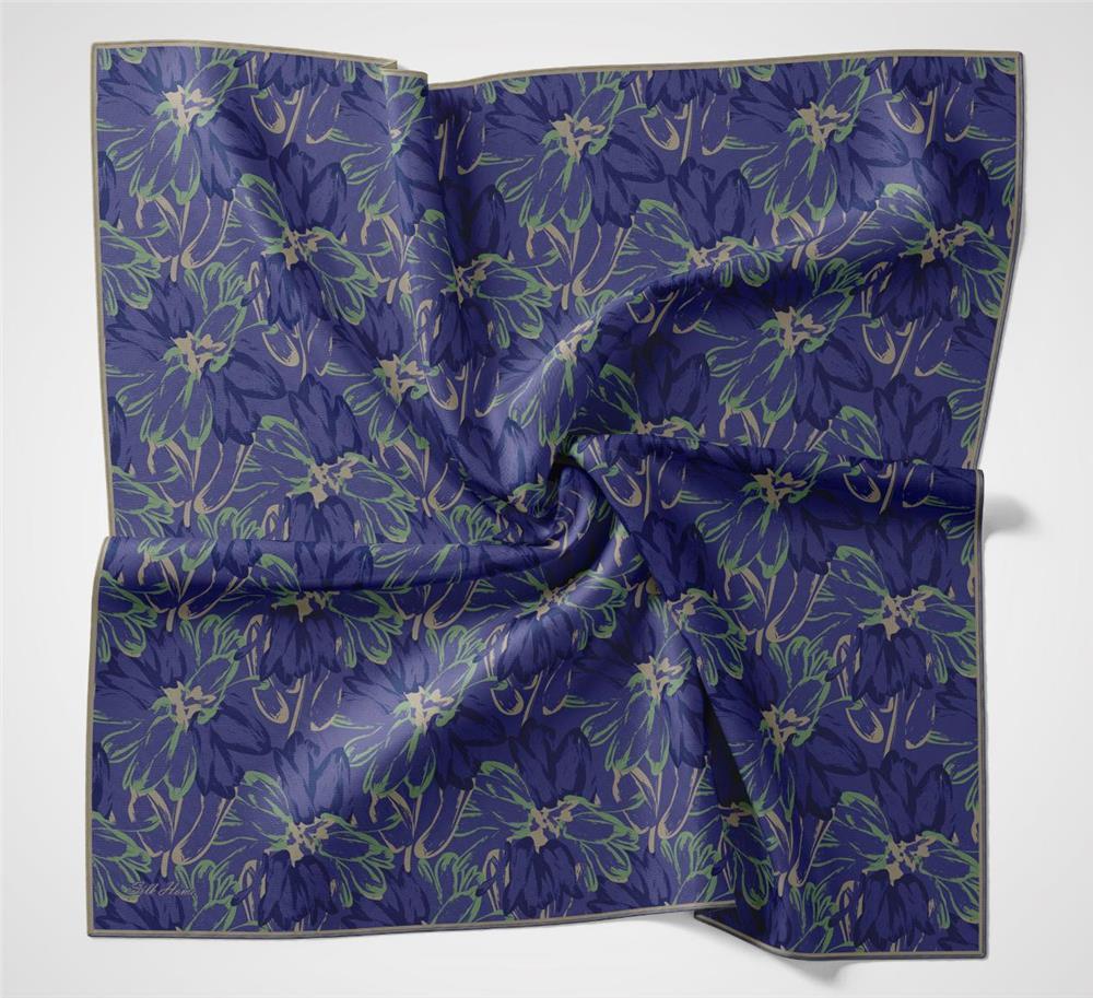 Pamuk Polyester Soft Eşarp Botanik Desen Saks 90*90