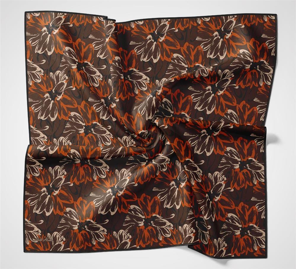 Pamuk Polyester Soft Eşarp Botanik Desen Kahverengi 90*90
