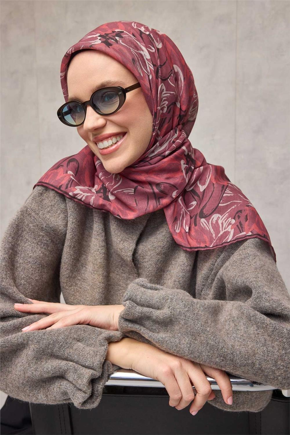 Pamuk Polyester Soft Eşarp Botanik Desen Vişne 90*90