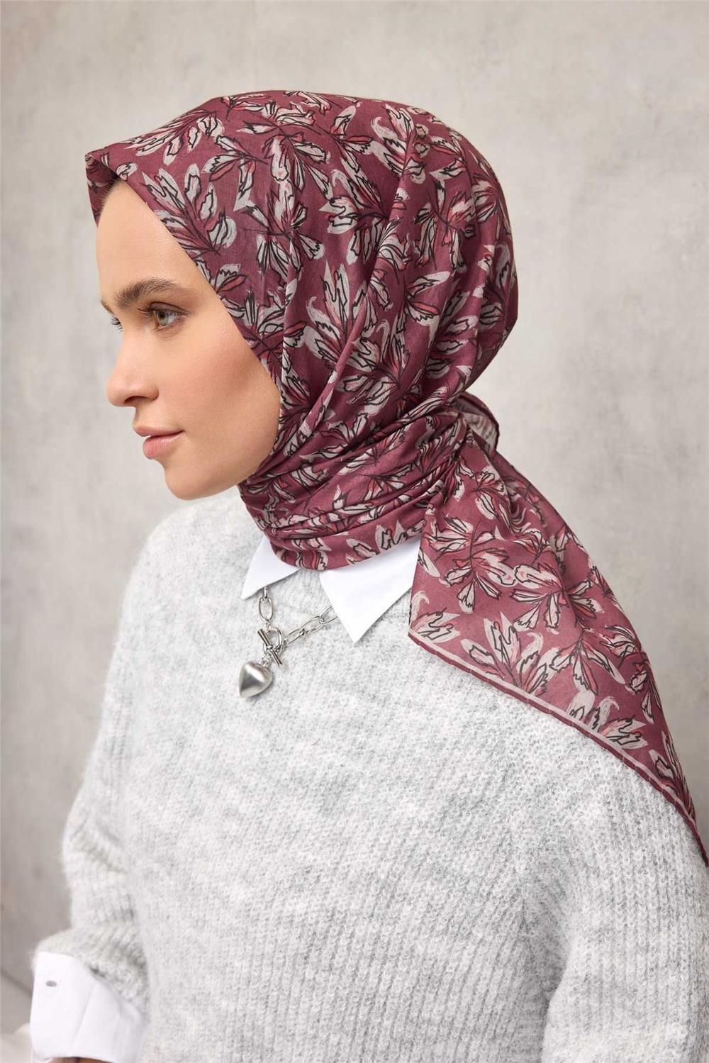 Pamuk Polyester Soft Eşarp Çiçek Desen Gül Kurusu 90*90