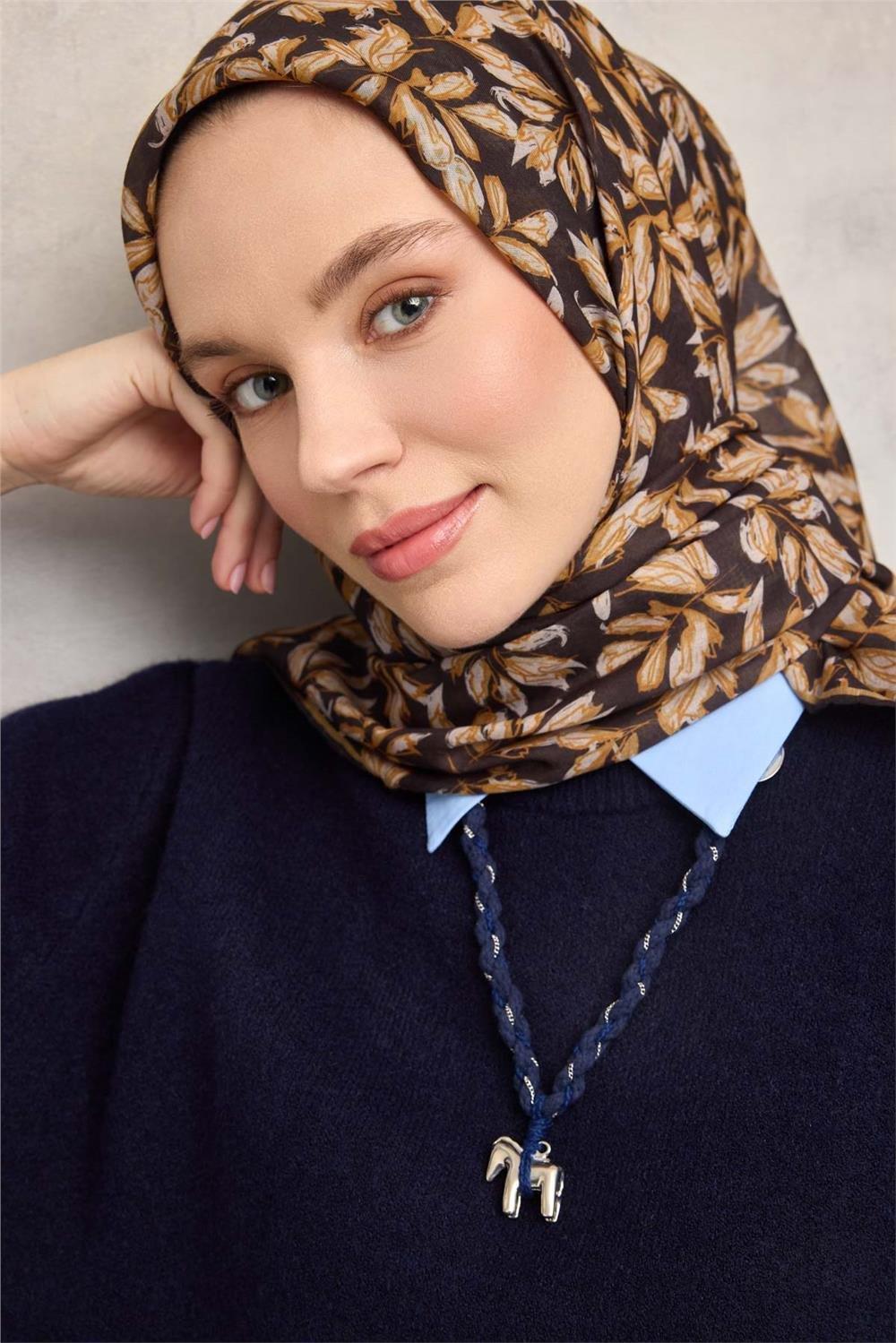 Pamuk Polyester Soft Eşarp Çiçek Desen Koyu Siyah 90*90