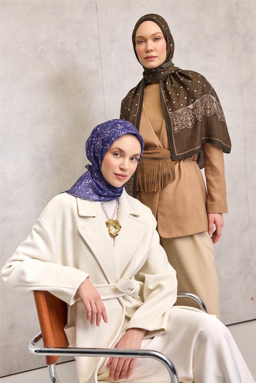 Pamuk Polyester Soft Eşarp Çiçek Desen Mor 90*90