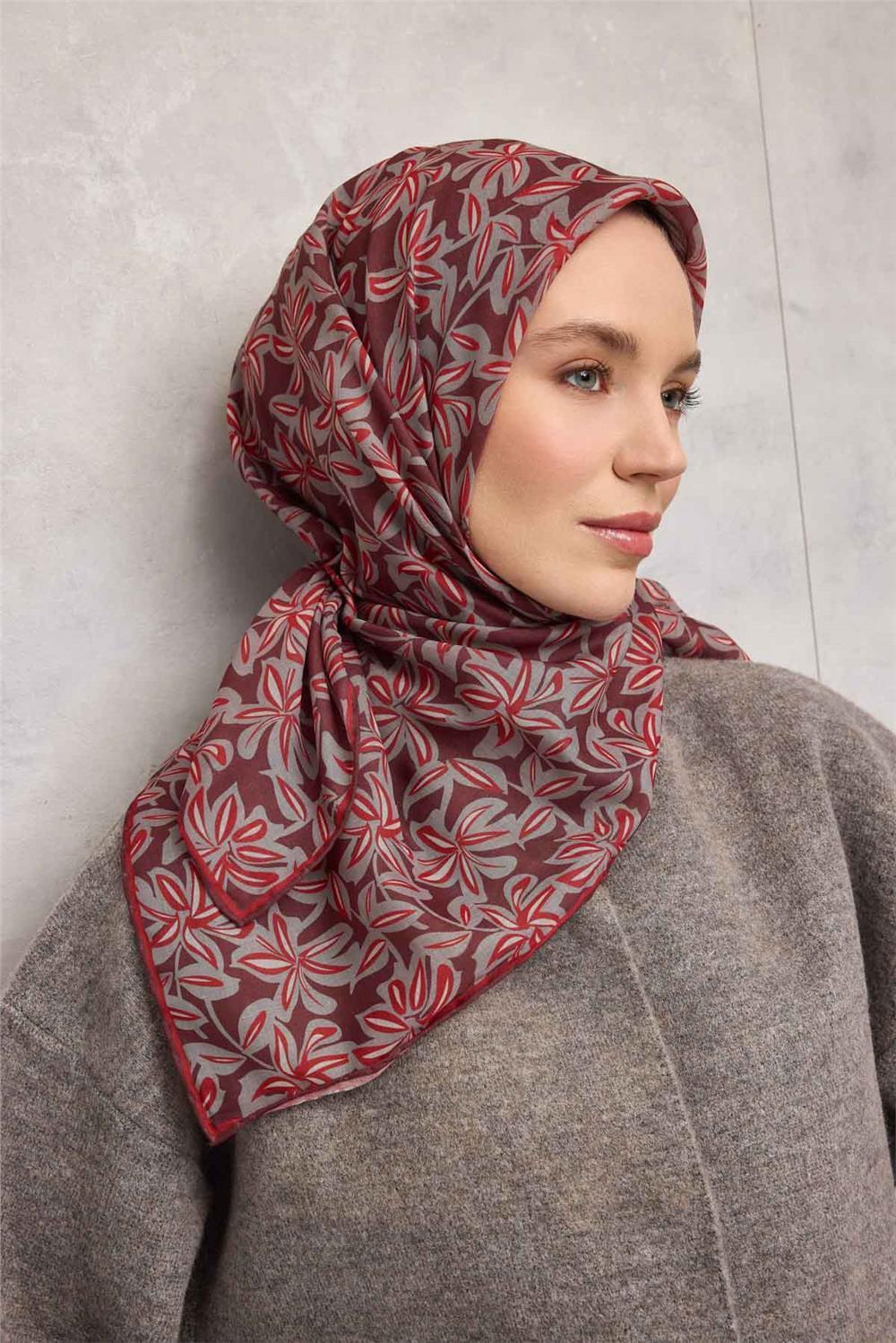 Pamuk Polyester Soft Eşarp Flora Desen Kiremit Bordo 90*90