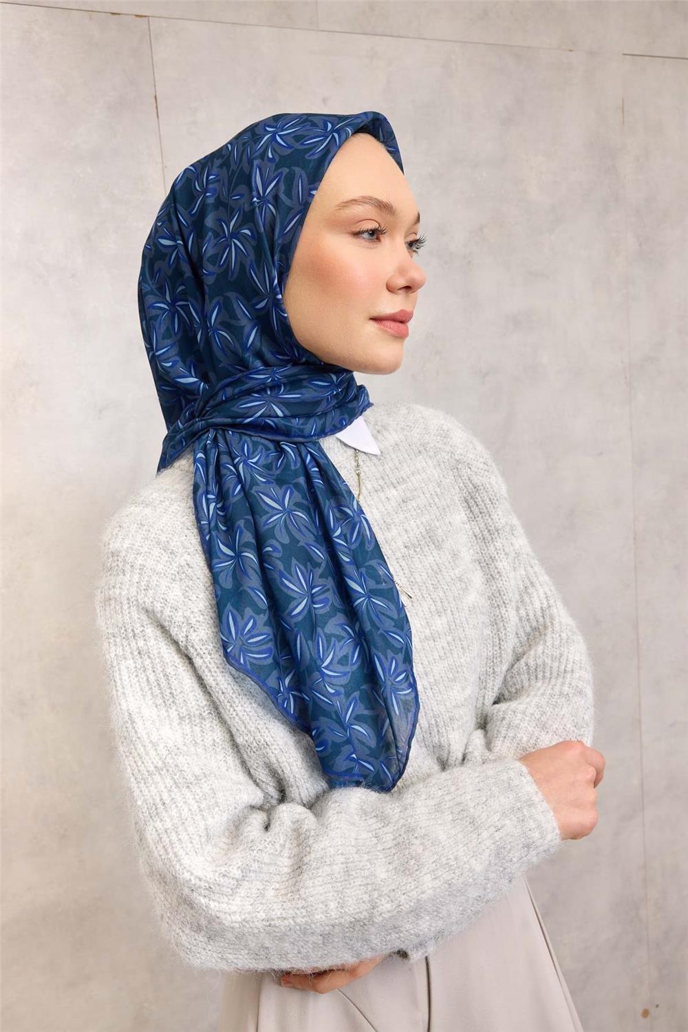 Pamuk Polyester Soft Eşarp Flora Desen Koyu Mavi 90*90